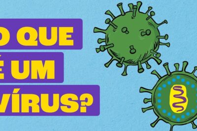 Stylized green virus particles next to Portuguese text "O que é um vírus?" representing virus sao 1