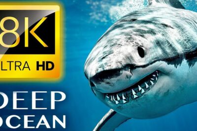 8K Ultra HD close-up of a great white shark underwater for visse grupper