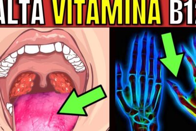 Illustration of an inflamed tongue and a colorized hand x-ray with arrows highlighting areas, referencing vitamina b12 2