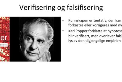 Educational slide titled 'Verifisering og falsifisering' with a black-and-white portrait and a red abstract book cover, vitenskapelig forskning 3