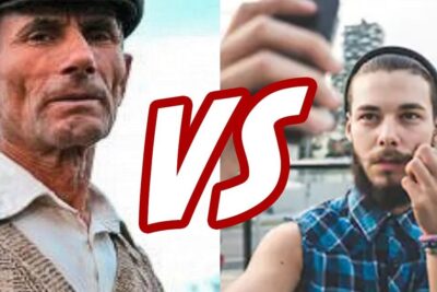 Two contrasting people with a bold VS graphic representing vivir ciudad