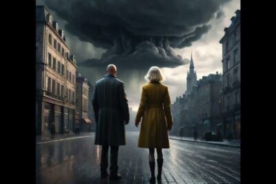 Two people stand on a rain-slicked street facing a dramatic storm cloud, symbolizing votare dissenso.