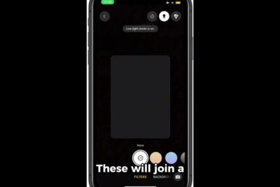 IPhone camera interface in dark mode showing the whatsapp ar filter selector with circular thumbnails and a central preview