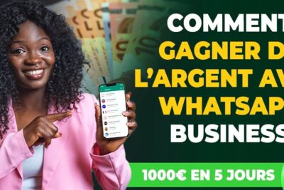 Smiling woman pointing to a smartphone showing WhatsApp chats and euro notes in the background illustrating a whatsapp offre to make money
