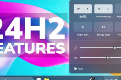 Windows 11 12 Quick Settings Control Center Screenshot – 24H2 Features Preview showing the redesigned Quick Settings panel with Wi-Fi, Bluetooth, Night light, brightness and volume sliders over a colorful 24H2 features wallpaper.