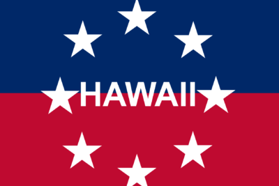 Bold Hawaii emblem with centered HAWAII text and circular white stars on a blue top and red bottom field, yhteiskunta 2