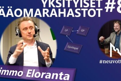 Podcast cover art showing two hosts wearing headsets, a small LP-GP-investors diagram and text referencing yksityiset yritykset