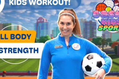Smiling instructor in a blue jacket holding a soccer ball on a sports field promoting a kids yoga sport and fitness session.