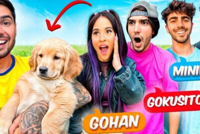 Five excited content creators surrounding an adorable golden retriever puppy, youtubers eligen.
