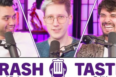 Three podcast hosts speaking into microphones in a purple-lit studio with podcast branding, referencing youtubers mudan.