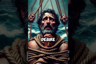 Bearded mariner bound tightly with ropes against a raging sea, zeus odisseu.