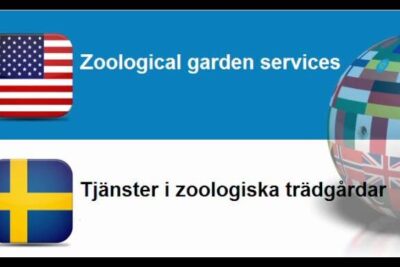 Banner with US and Swedish flag icons, a globe of flags and text referencing zoologiska tradgardar 1 and zoological garden services.