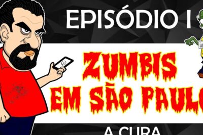 Cartoon banner showing a bearded man with a phone and a green zombie beneath a bold zumbis sao headline.